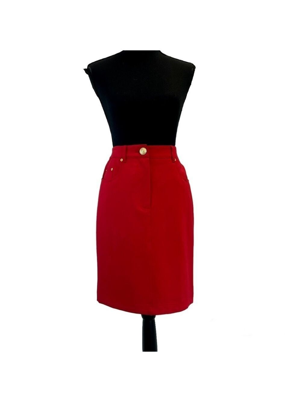 Moschino Couture red pencil skirt gold buttons Sz 8